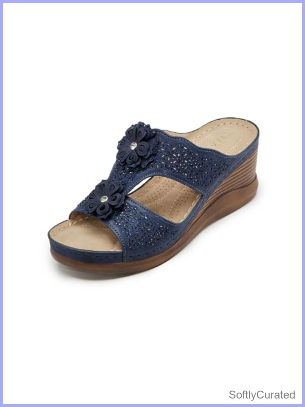 Rhinestone Wedge Sandals Women Double Strap Slip On Floral Slide Bohemian Casual